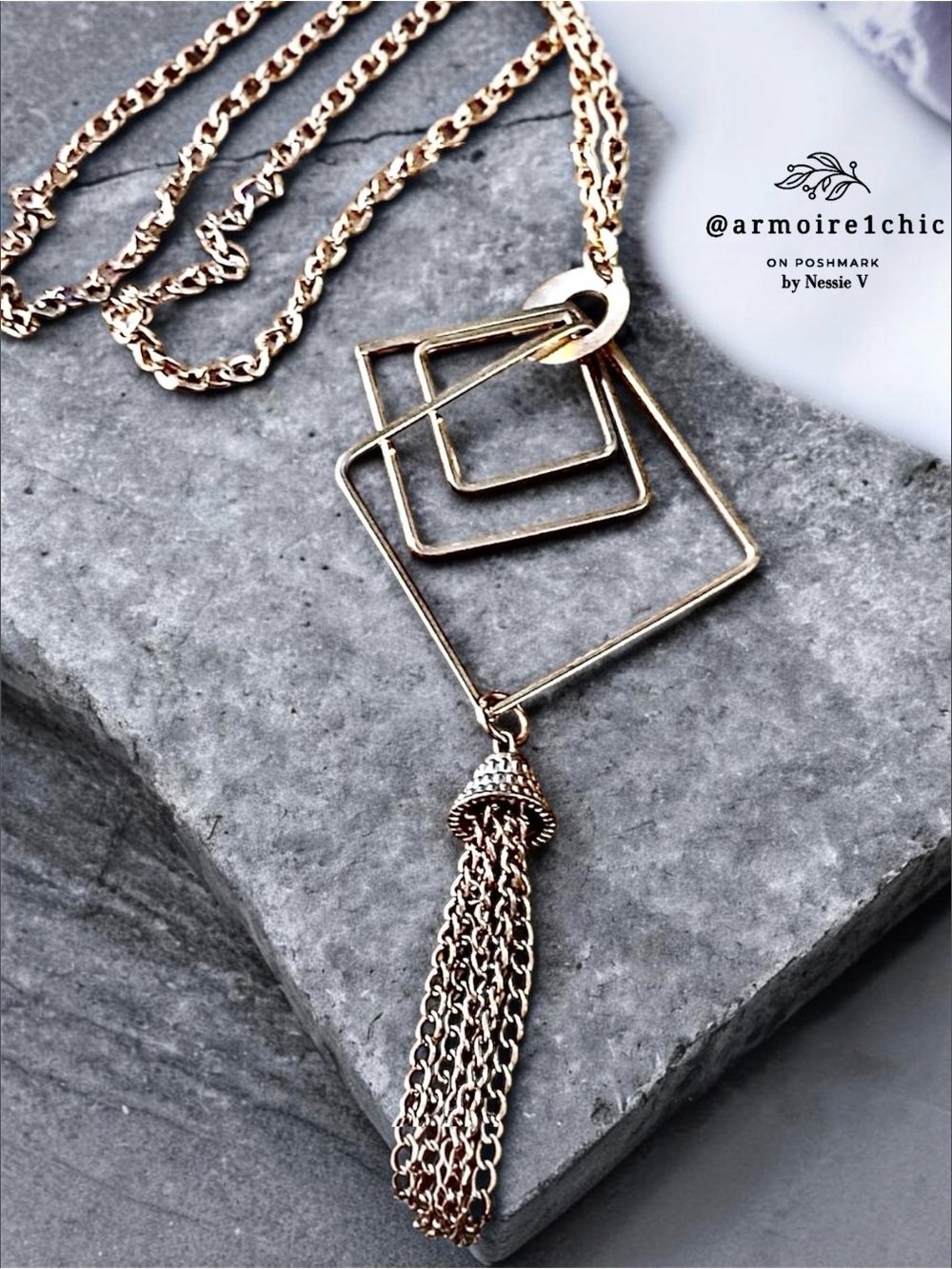 TRIPLE SQUARE LONG NECKLACE | with Golden Chain Tassel